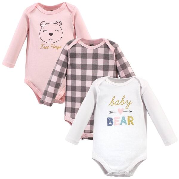 slide 1 of 1, Hudson Baby Infant Girl Cotton Long-Sleeve Bodysuits, Girl Baby Bear 0-3 Months - Girl Baby Bear 3-Pack