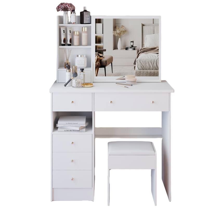 37" Bedroom Vanity Set with Sliding Mirror & Cushioned Stool