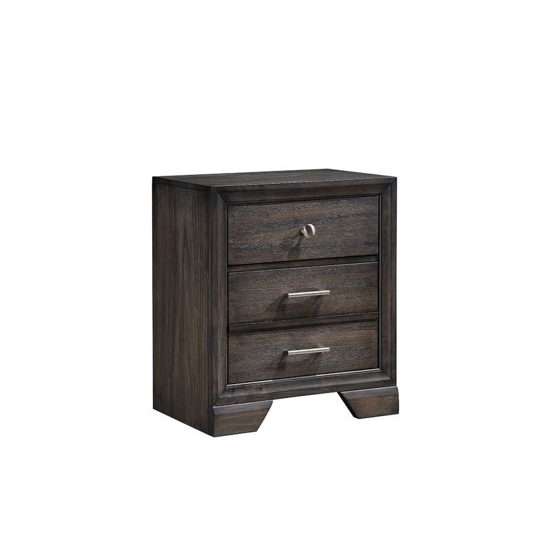 1pc Contemporary Dark Wood Grain Finish Metal Knobs Two-Drawers Nightstand Wooden Gray