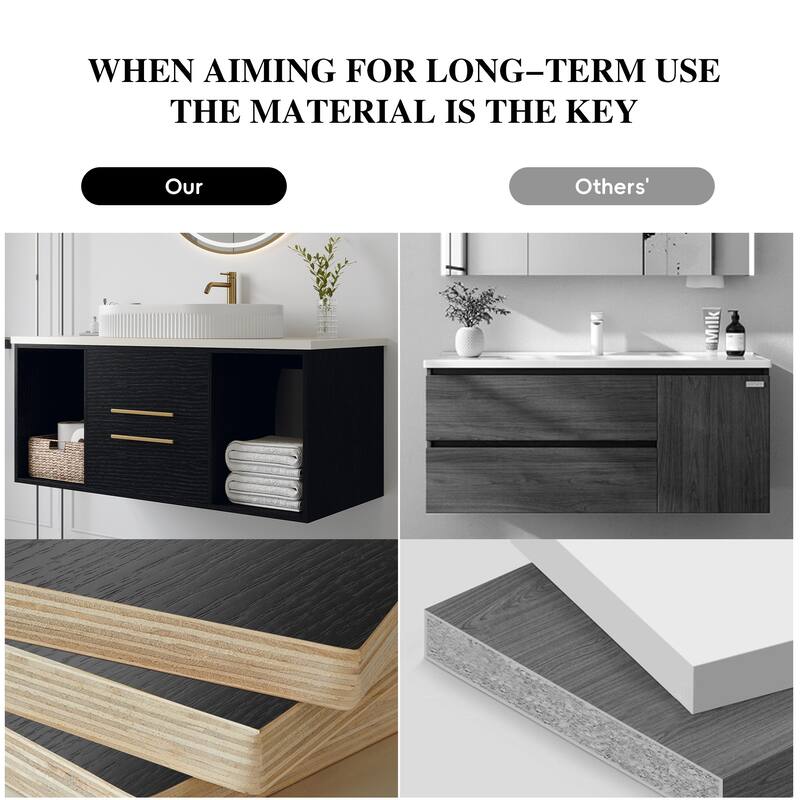 GDFStudio - Modern Wall-Mounted Multi-Layer Solid Wood Bathroom Vanity with Ceramic Vessel Sink & Open Shelf Storage - 40"