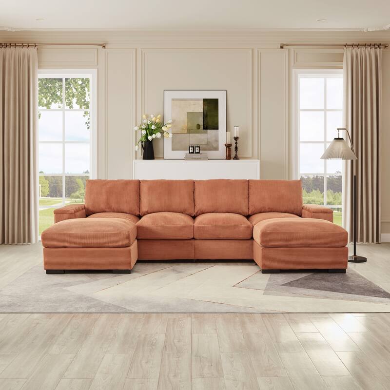 U-shaped corduroy sofa with removable footstool and storage armrests - Orange