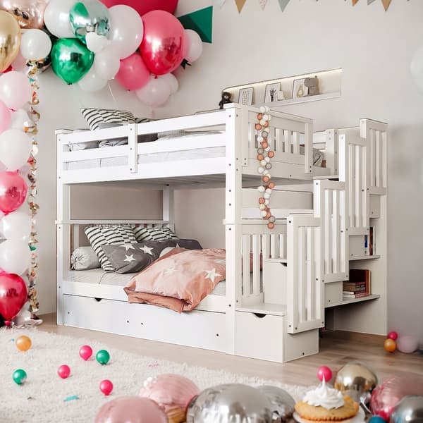 slide 2 of 13, Modern Full Over Full Bunk Bed With Shelves And 6 Storage Drawers,Solid Construction for Kids White