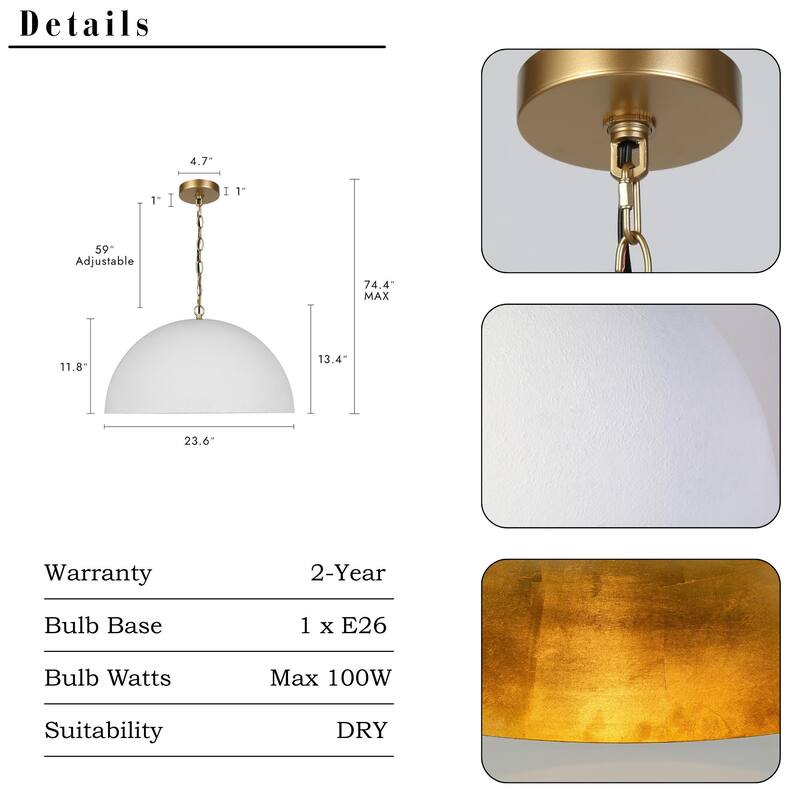 Modern Classic 1-Light Large Pendant White Gold Fixture for Kitchen Dining Room - 23.6 " × 11.8 "