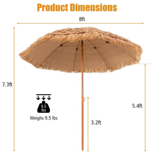 8 Feet Patio Thatched Tiki Umbrella Hawaiian Hula Beach Umbrella Bed