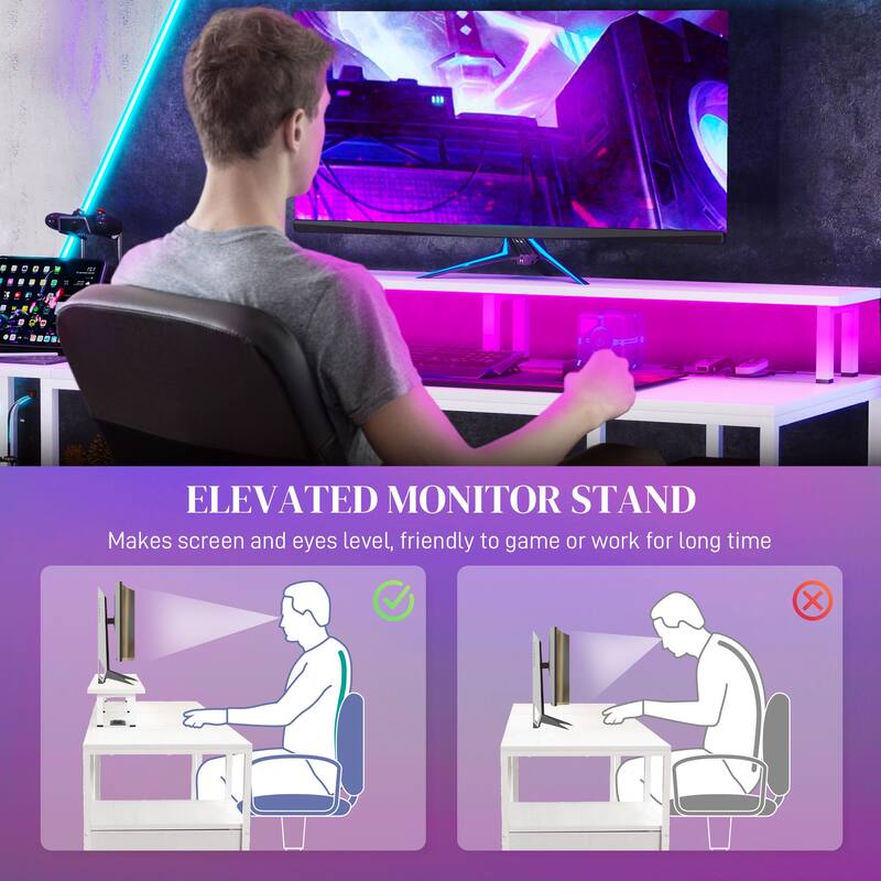 Modern 61" Computer Desk with LED Lights, Power Outlets, USB Ports, Storage Shelves & Fabric Drawers for Home Office