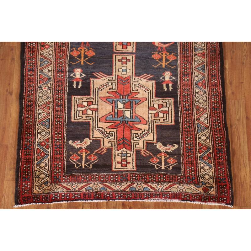 Navy Blue Ardebil Persian Vintage Runner Rug Hand-knotted Wool Carpet - 3'9"x 10'8"