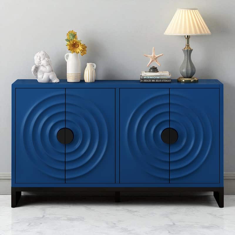 58" Storage Sideboard Cabinet with Water Wave Doors, Adjustable Shelves, Iron Legs and Handles for Entry or Study - Navy Blue