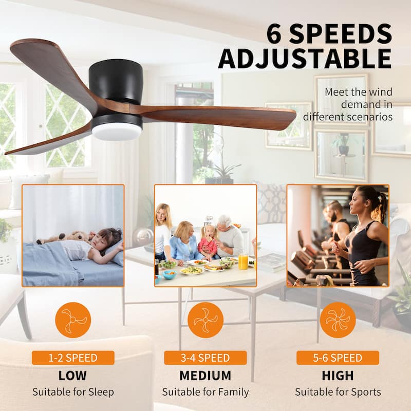 42 inch Black Wood Ceiling Fans with Lights and Remote, Modern Flush Mount Low Profile Ceiling Fan with Light, 6 Speed