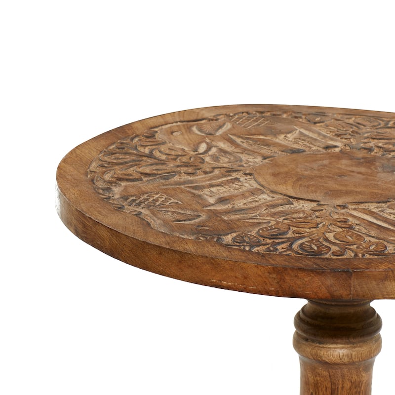 Mango Wood Elephant Handmade Intricately Carved Accent Table with Turned Base - Dark Brown - Roche River Decor