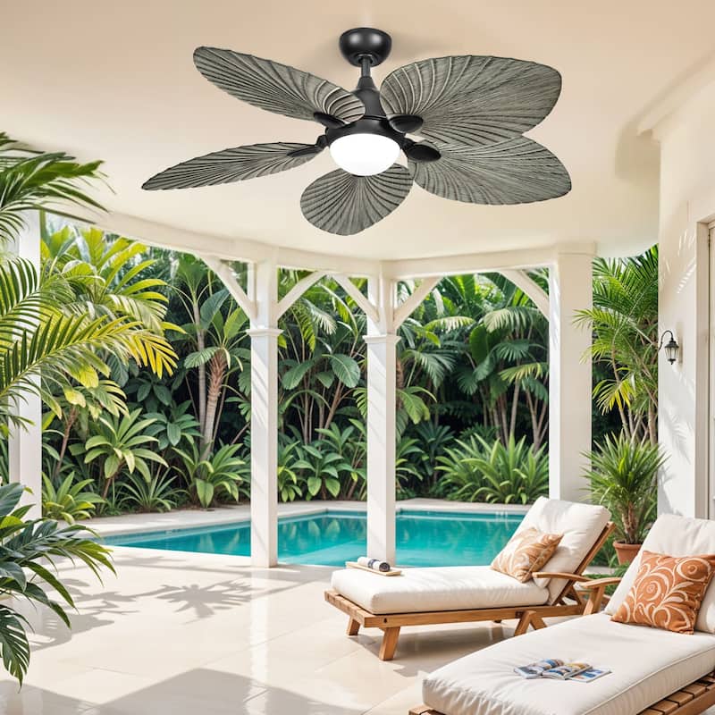 Silent Operation Tropical Ceiling Fan - 52 Inch, DC Motor, 6-Speed, Remote Control faux wood grain palm leaf blades - 52"