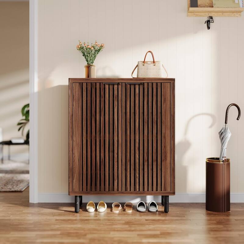 6-Tier Shoe Cabinet with Shutter Doors Adjustable Shelves Wooden Storage Cabinet for Entryway/Hallway/Closet/Living Room