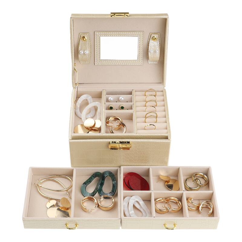 3 Layer Jewelry Box with Mirror for Women Girls Birthday Gifts, PU Leather Jewelry Organizer Storage Holder with Drawer