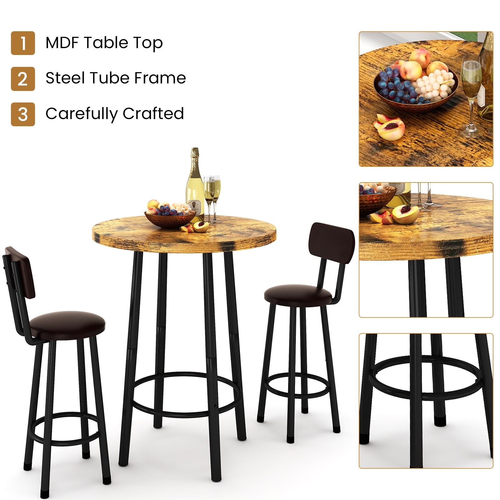 3 Piece Dining Table Set, Modern Round Bar Table and Stool