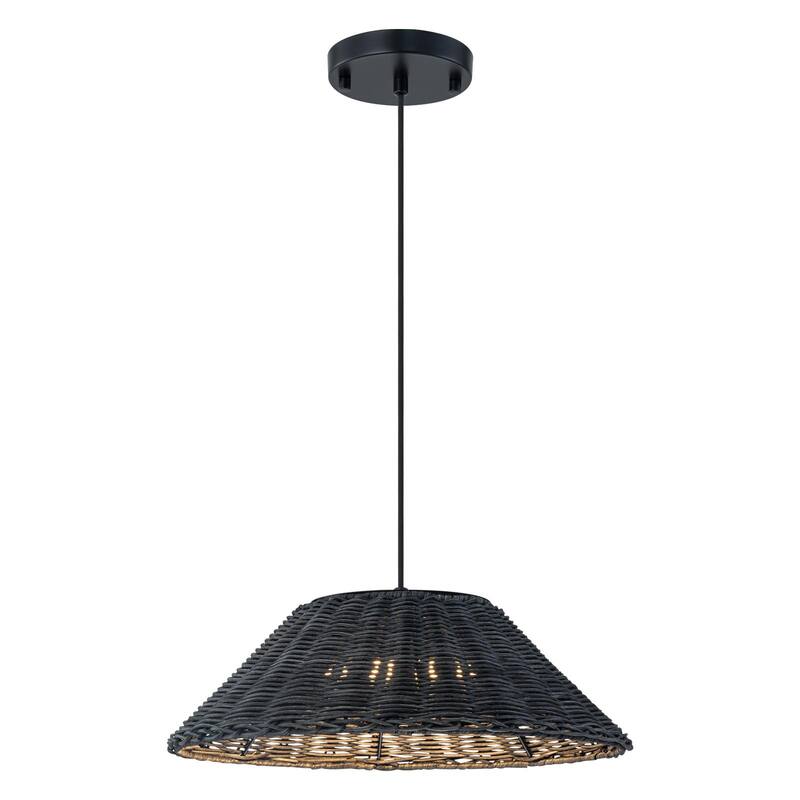 1-Light Black Rattan LED Chandelier Handwoven Straw Hat Pendant Light - 13.4"W x 5.2"H