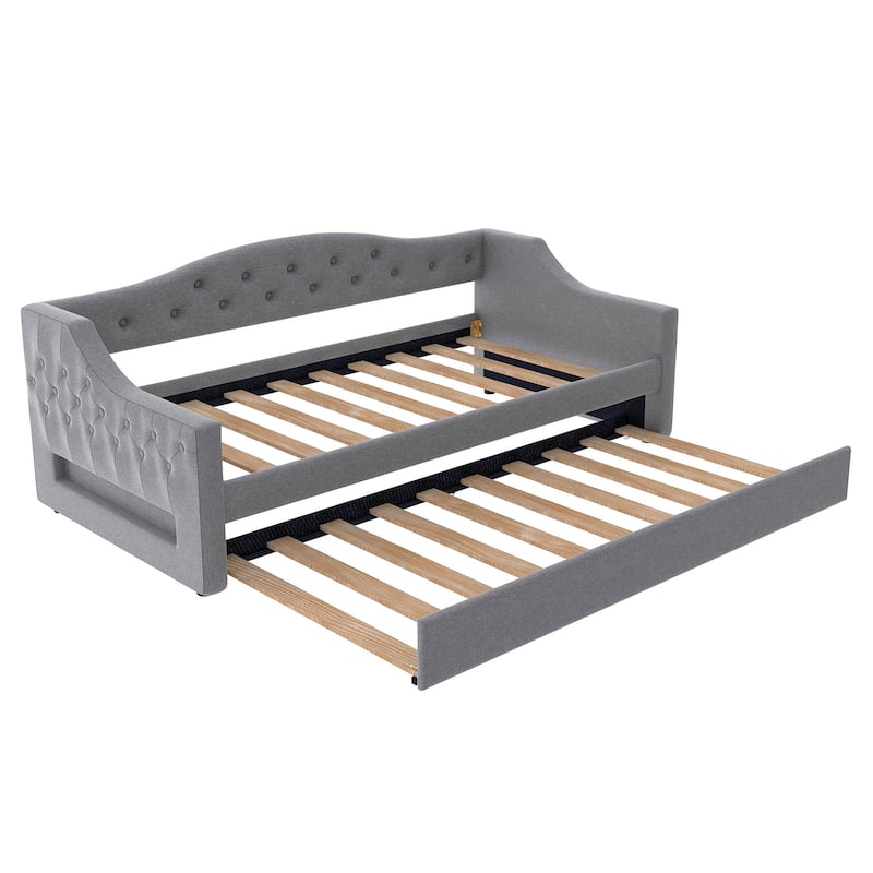 Twin XL Size Linen Daybed with LED Lighting and Hidden Trundle and Upholstered Storage Bed (250lbs Capacity)