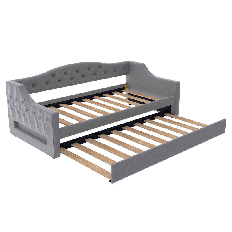 Twin XL Size Upholstered Daybed with Linen Cover Backrest & Trundle, Wood Sofa Bed Frame with LED lighting, No Box Spring Needed