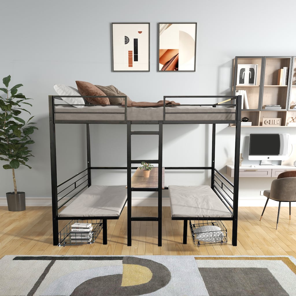 Transformable Twin Loft Bed with Table and Storage, Durable Metal Frame, Noise-Free Slats, Full-Length Guardrails