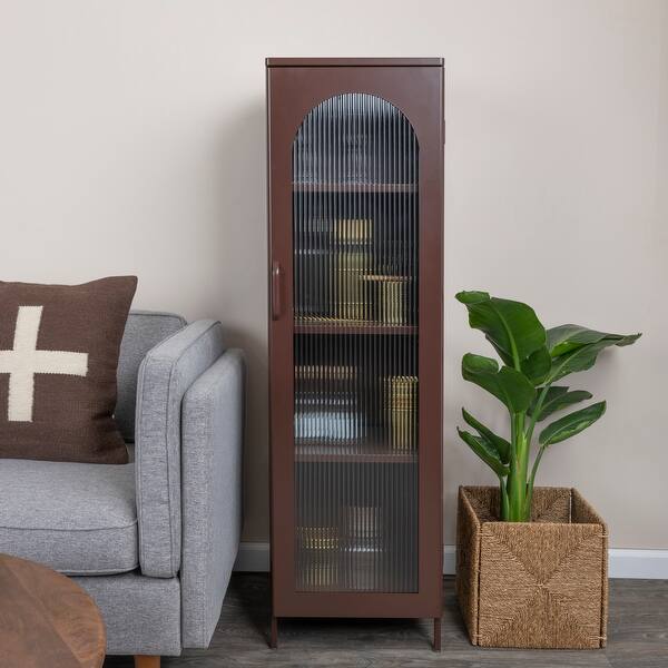 slide 2 of 53, Solstice Metal Cabinet with 3 Adjustable Storage Shelves and Arched Glass Door Tall Cabinet - Brown