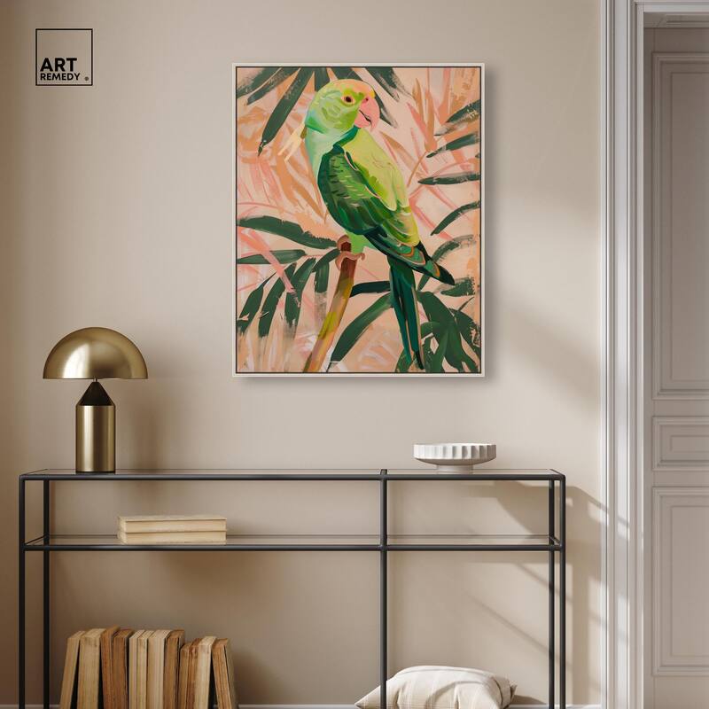 Coral and Green Parrot Canvas by Art Remedy