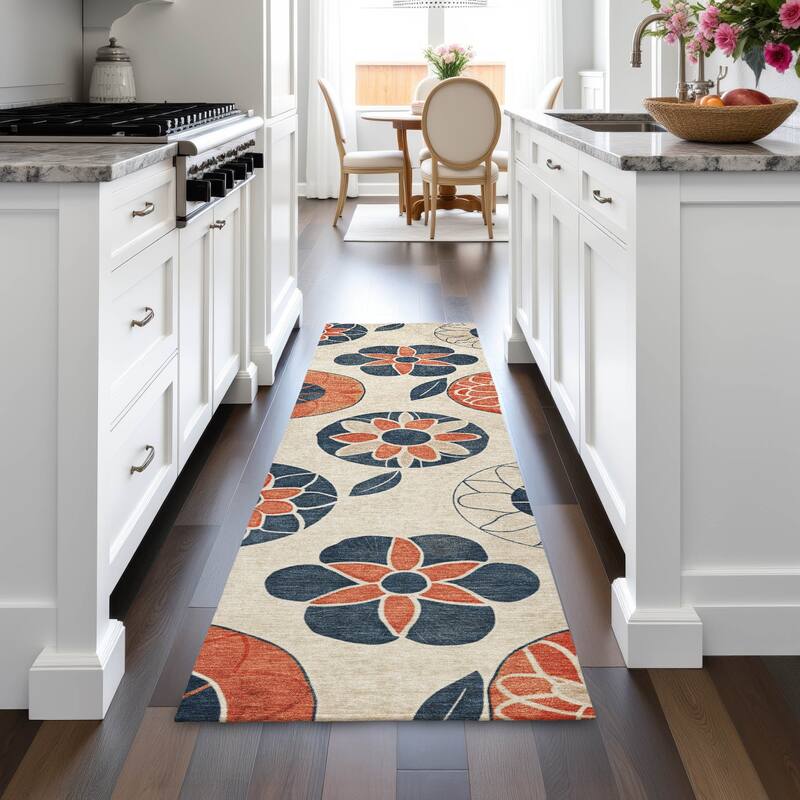 Machine Washable Indoor/Outdoor Transitional Floral Chantille Rug