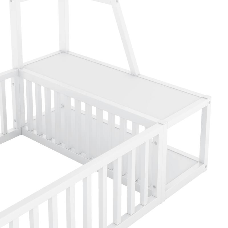 Twin Size Floor Bed Frame with Safety Fence, Metal Floor Bed with Desk and Storage Shelves, Playhouse for Kids, White
