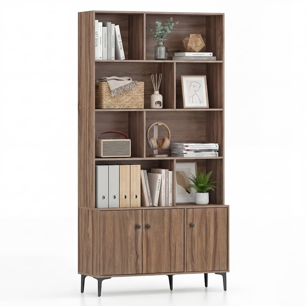 Gymax Bookshelf w/ Doors 5-Tier Floor Standing Bookcase w/ 2