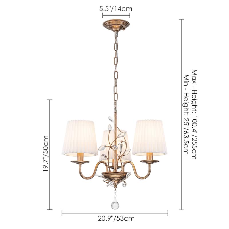 3-Light Vintage Antique Brushed Gold White Fabric Pleated Shades Chandelier with Crystal Ornament for Living Room, Dinning Room