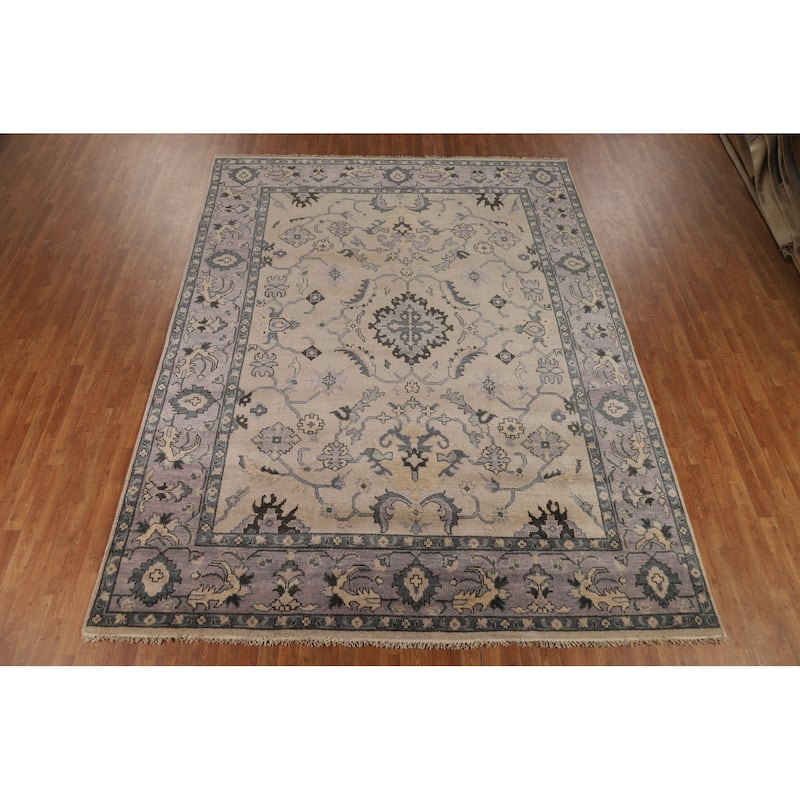 Oushak Indian Area Rug Handmade Beige Floral Wool Carpet - 9'0"x 11'7"