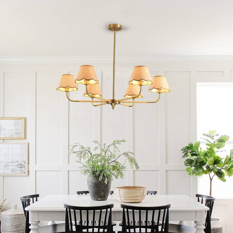 Medieval-Style Gold 6-Lamp Chandelier with Hand-Woven Rattan Lampshade, for Dining Room, Living Room, Light Bulbs Not Included