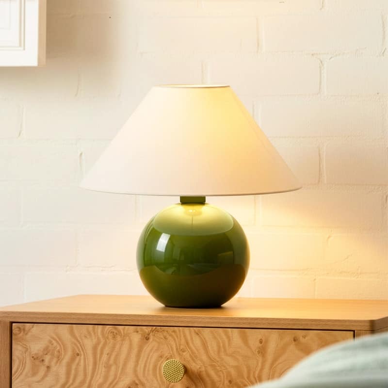 Brightech Fiona LED Olive Green Ceramic Midcentury Round Globe Bedside Nightstand Desk Lamp with Cream Cotton Empire Shade