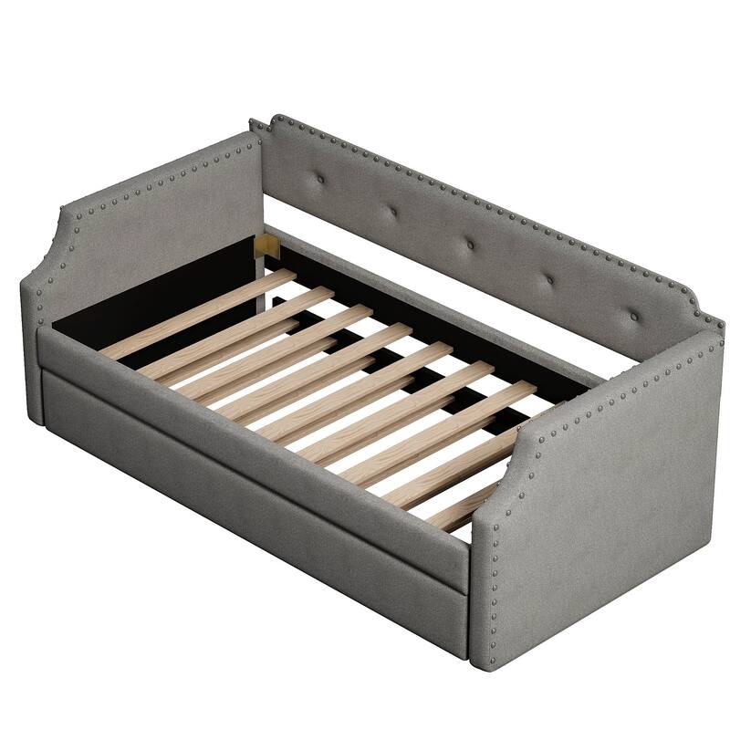 Gray Twin Upholstered Daybed with Trundle, Wood Slat Support, Sofa Bed for Guest Rooms