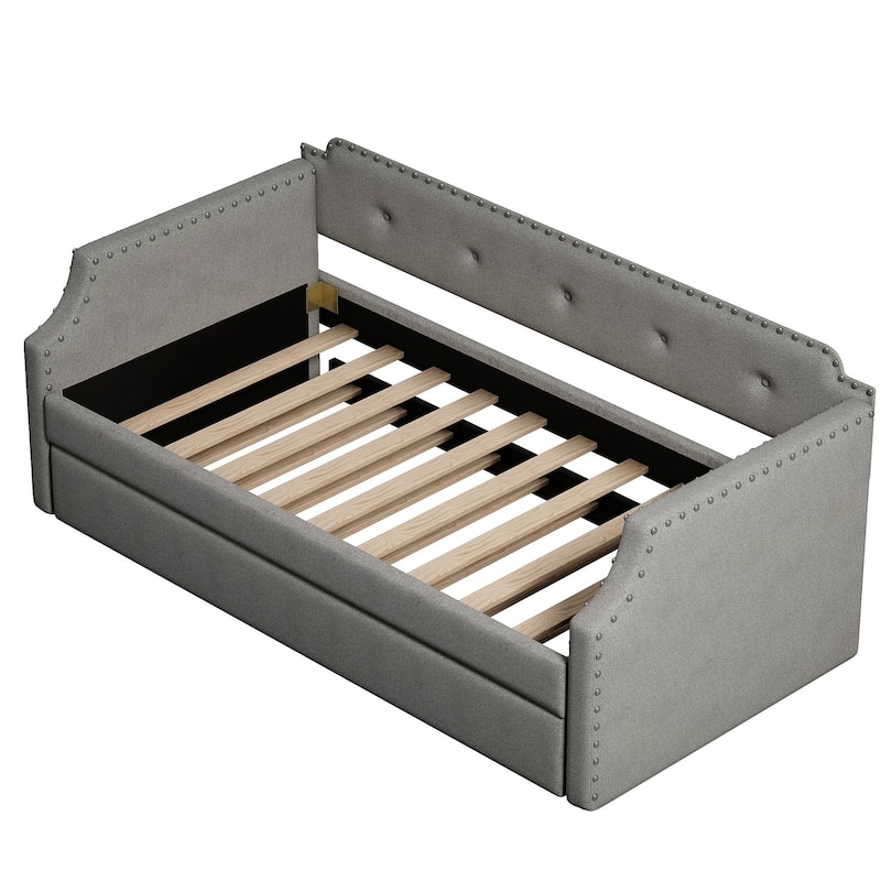 Upholstered Daybed With Trundle, Wood Slat Support,Upholstered Frame Sofa Bed