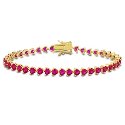 Miadora 12 1/3ct TGW Created Heart-Cut Ruby Bracelet Yellow Silver-7.5 in.