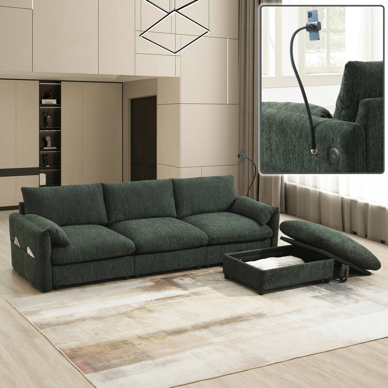 L Shaped Chenille Sectional Sofa with Storage Ottoman, Pockets, USB