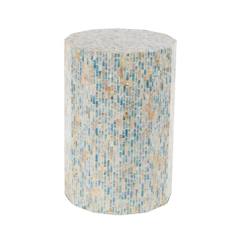 Blue Mother of Pearl Shell Handmade Mosaic Inlay Drum Accent Table