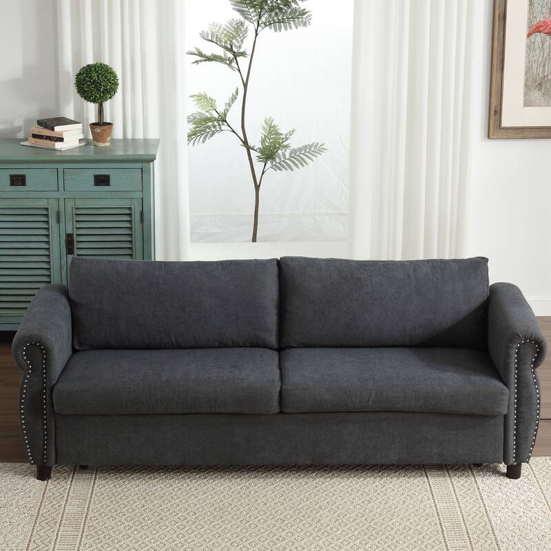 63″ Polyester 3-Seater Sleeper Sofa with Pull-Out Mattress & Retro Rivet Arms
