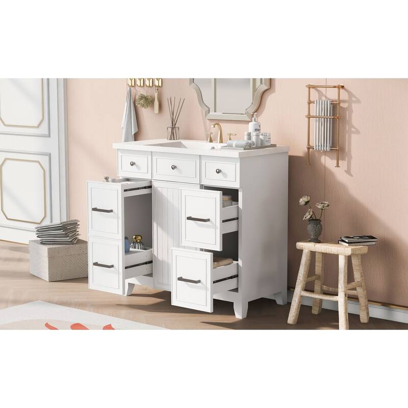 Modern 36-Inch Free-Standing Vanity with Single Sink, Storage Drawers & Adjustable Shelf