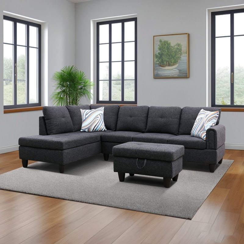 Durable 3PC Sectional Sofa with Double Spring Support, Breathable Fabric, Storage Ottoman