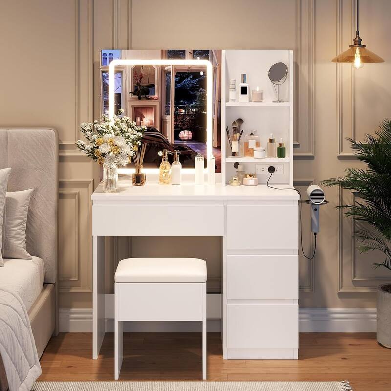 4 Drawers Vanity Desk with Power Outlet, Stool, Mirror and LED Light
