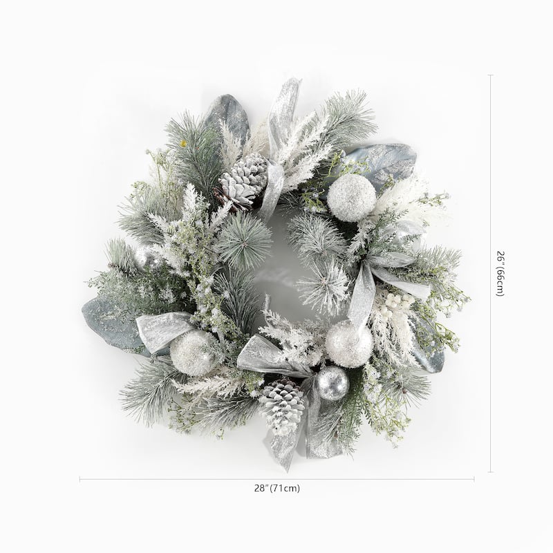 SAFAVIEH Milagros Faux 26 Inch Frosted Pine Wreath with Ornaments - Silver/Green - 26" W x 28" D x 6" H - 26Wx28Dx6H