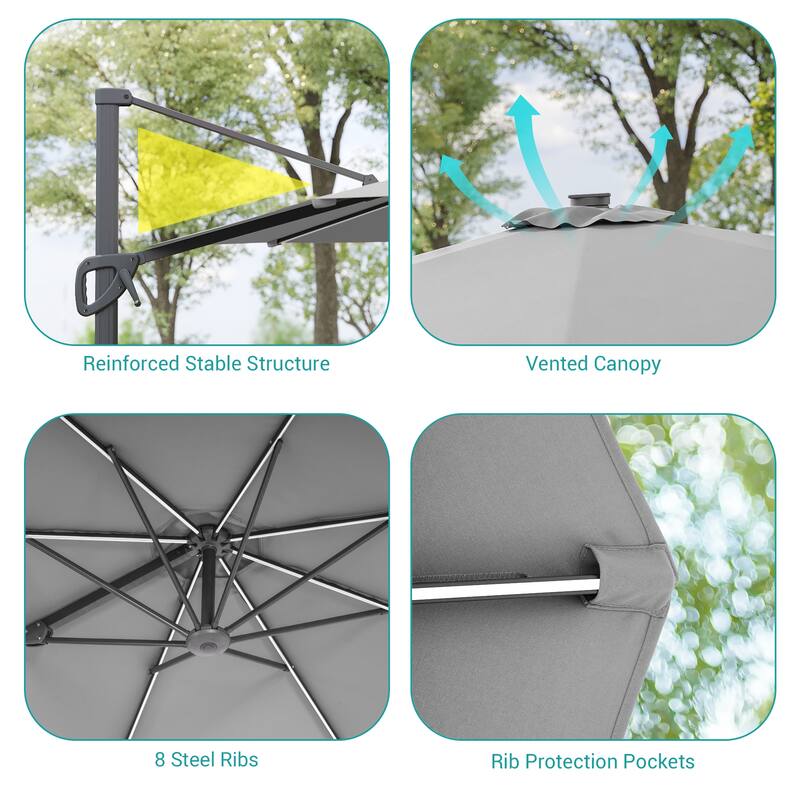 BONOSUKI Solar-powered 10FT Cantilever Patio Umbrella, Ultimate Outdoor Comfort with 360° Rotation and Canopy Angle Adjustment