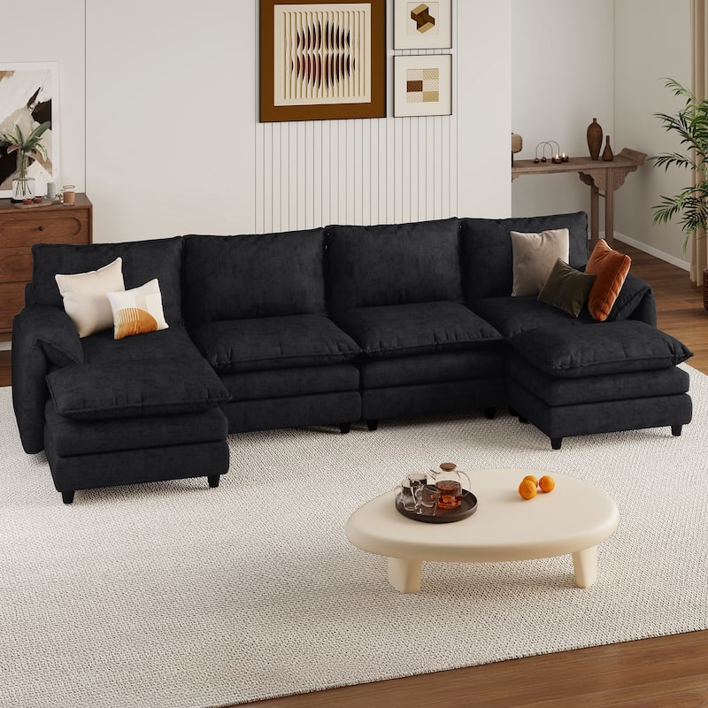142 Inch Modular Velvet Sectional Sofa with Movable Ottoman Pillow Armrest and Deep Seats for Living Room Apartment or Office