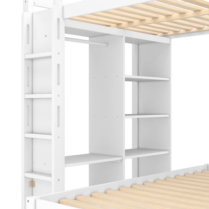 Full Over Twin Bunk Bed with Built-in Desk, Shelves and Wardrobe, Wood Bunk Bed Frame with Platform Bed and Loft Bed