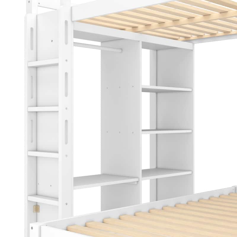 Solid Wood Bunk Bed with Built In Desk, Shelves and Wardrobe, Can be Converted into Loft Bed and Platform Bed