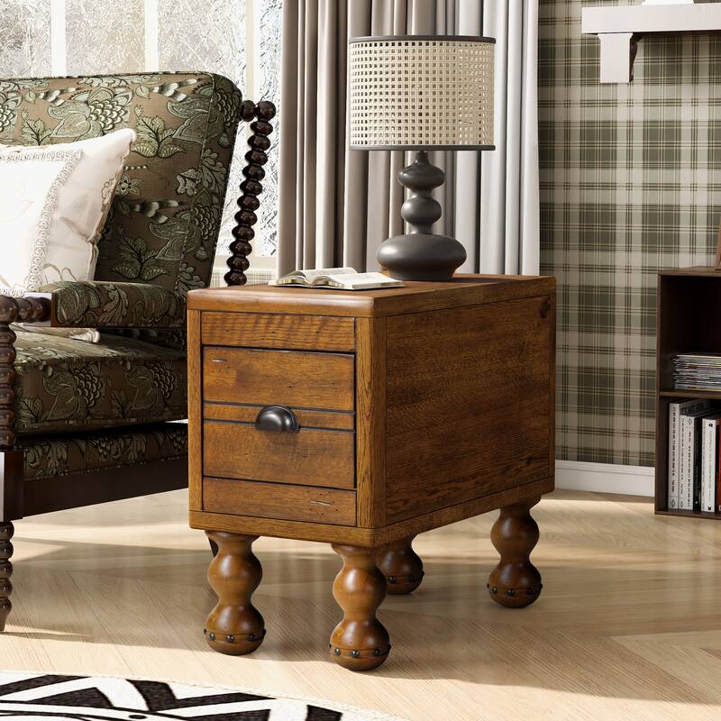 Solid Wood End Table, Rectangle 23.6 inch Narrow Side Table with Drawer, Vintage Bedside