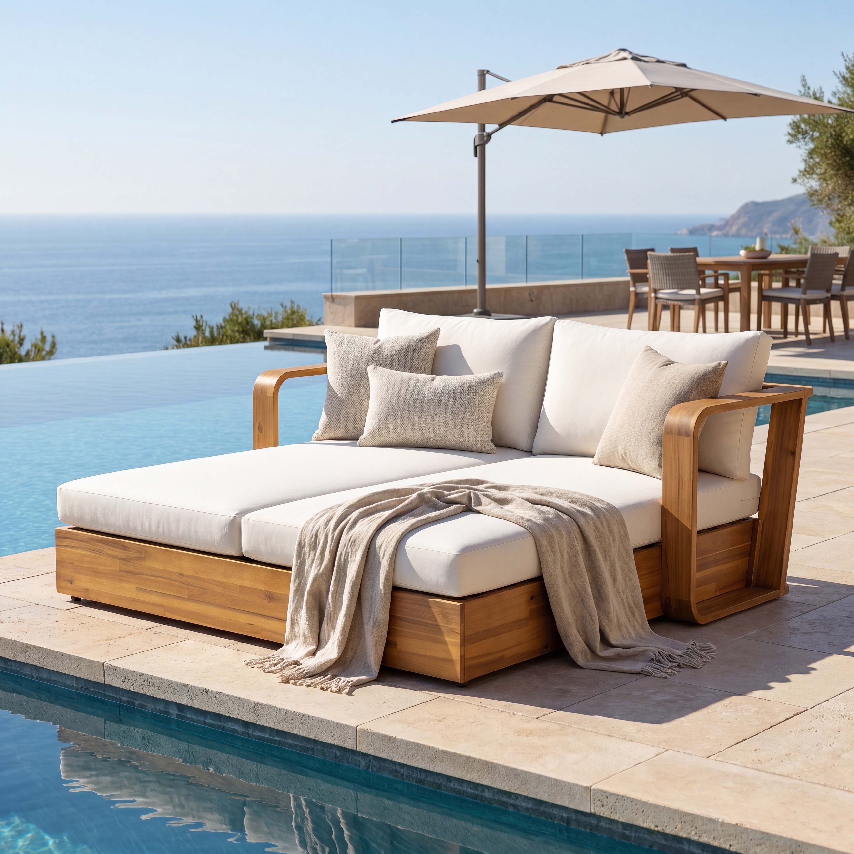 Christopher Knight Home - Solara Outdoor Daybed Acacia Wood with Cushions, Detachable Pillows and 800 lb Weight Capacity