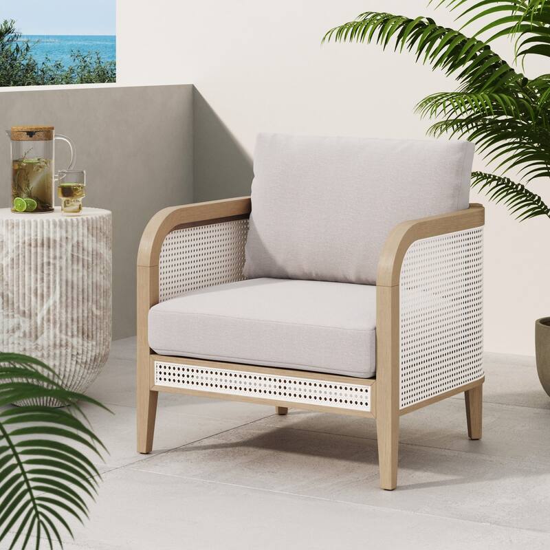 Twila Bohemian Outdoor Upholstered Rattan Patio Seating with Solid Wood Frame - 1 Chair - Gray Linen/Gray Oak