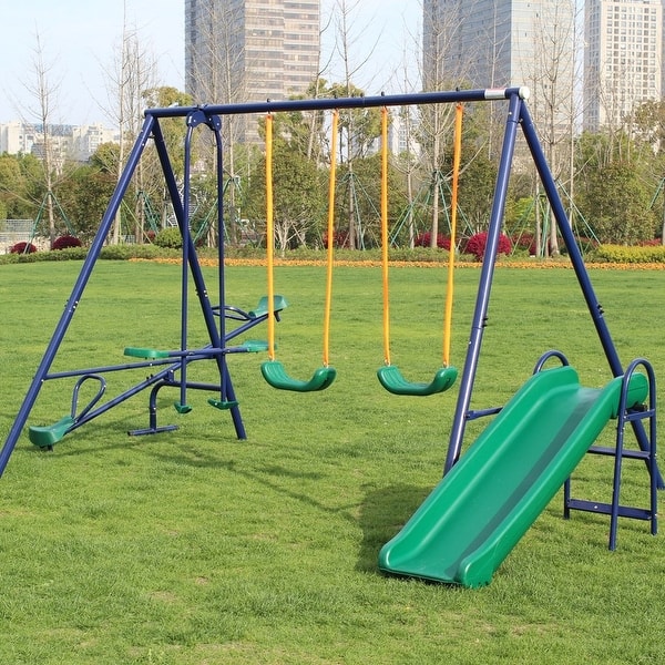 slide 2 of 8, Outdoor Backyard Children Activity Set, Swing, Glider, Slide and Teeter-totter Blue