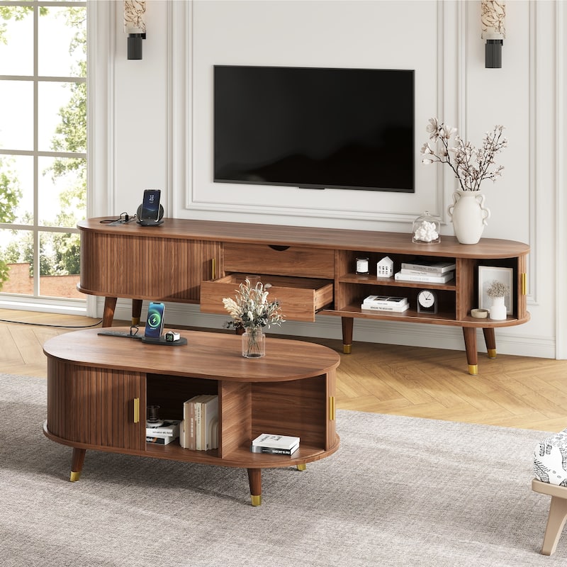 Roomfitters Wooden Farmhouse TV Stand & Coffee Table Set with Charging Station, Fluted Media Console for TVs up to 80"