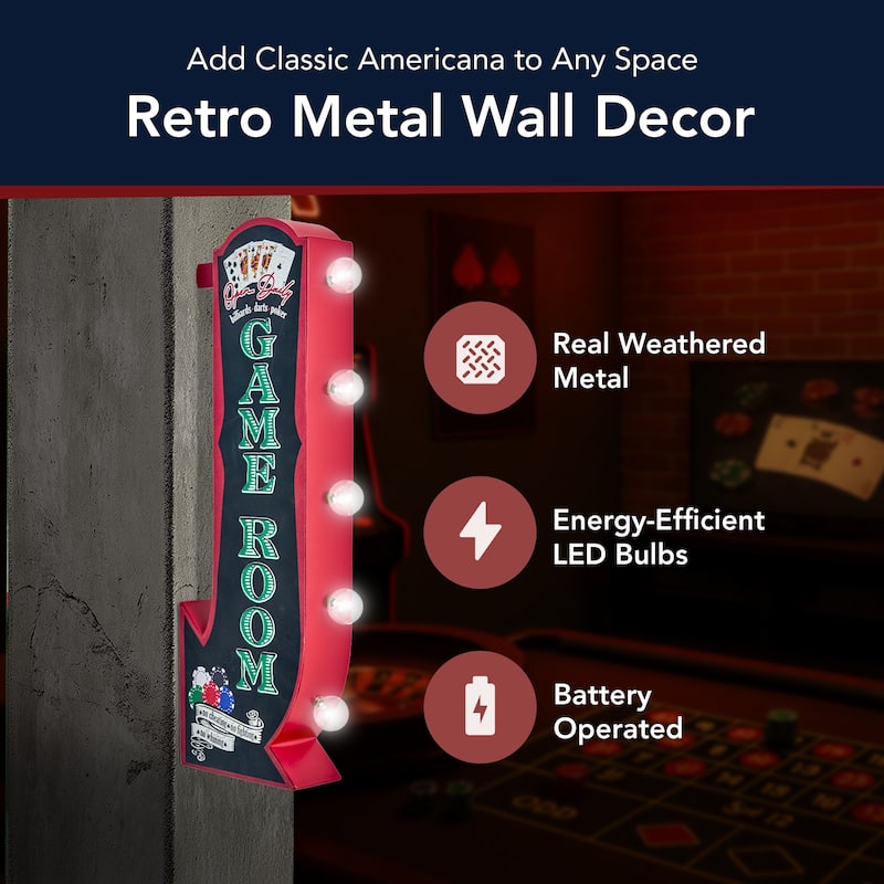 Vintage Game Room Off the Wall LED Marquee Sign - 25" H x 8.25" L - Black, Green, Red - 25" H x 8.25" L x 3" D